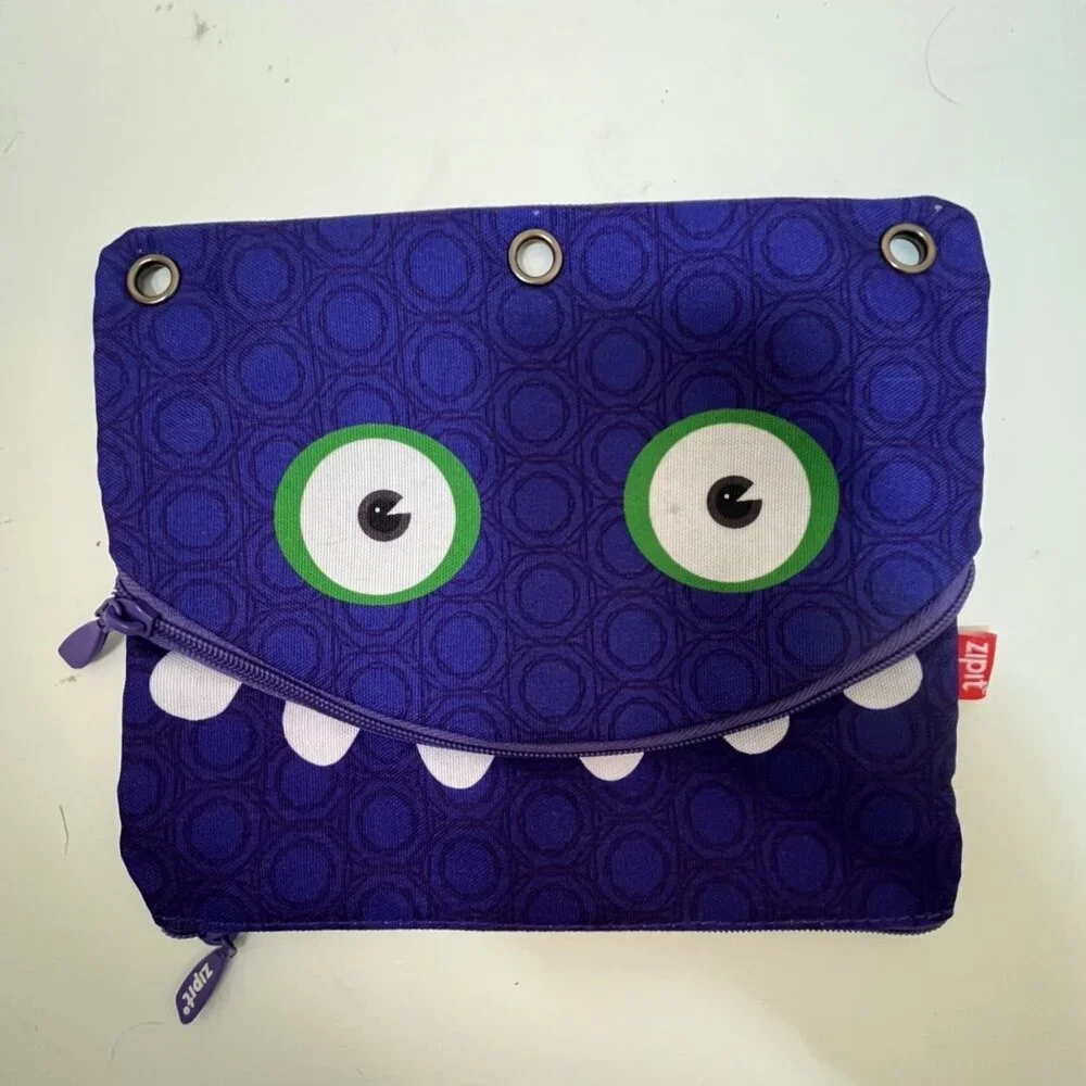 Zipit Googly Smile Pencil Pouch 3 Rings Binder Purple Monster 2 Pockets zipper